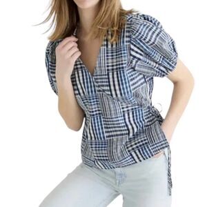 J. CREW Puff Sleeve Wrap Top in Indigo Patchwork, Sz L